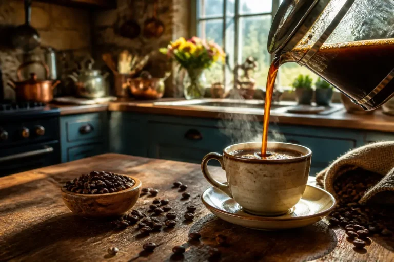 Café versé dans une tasse, grains autour, lien entre café et constipation étudié