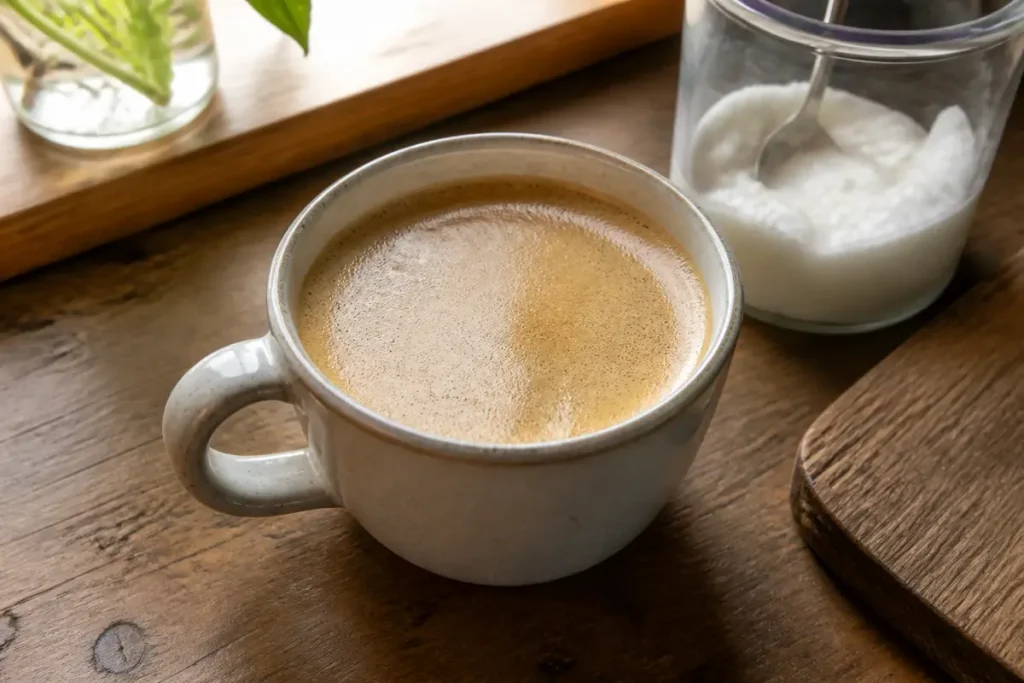 Tasse de café gras sur une table en bois avec un pot de sucre.