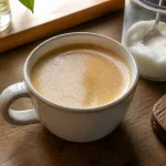 Tasse de café gras sur une table en bois avec un pot de sucre.