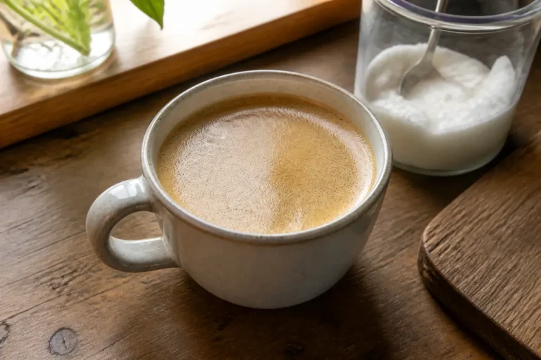 Tasse de café gras sur une table en bois avec un pot de sucre.