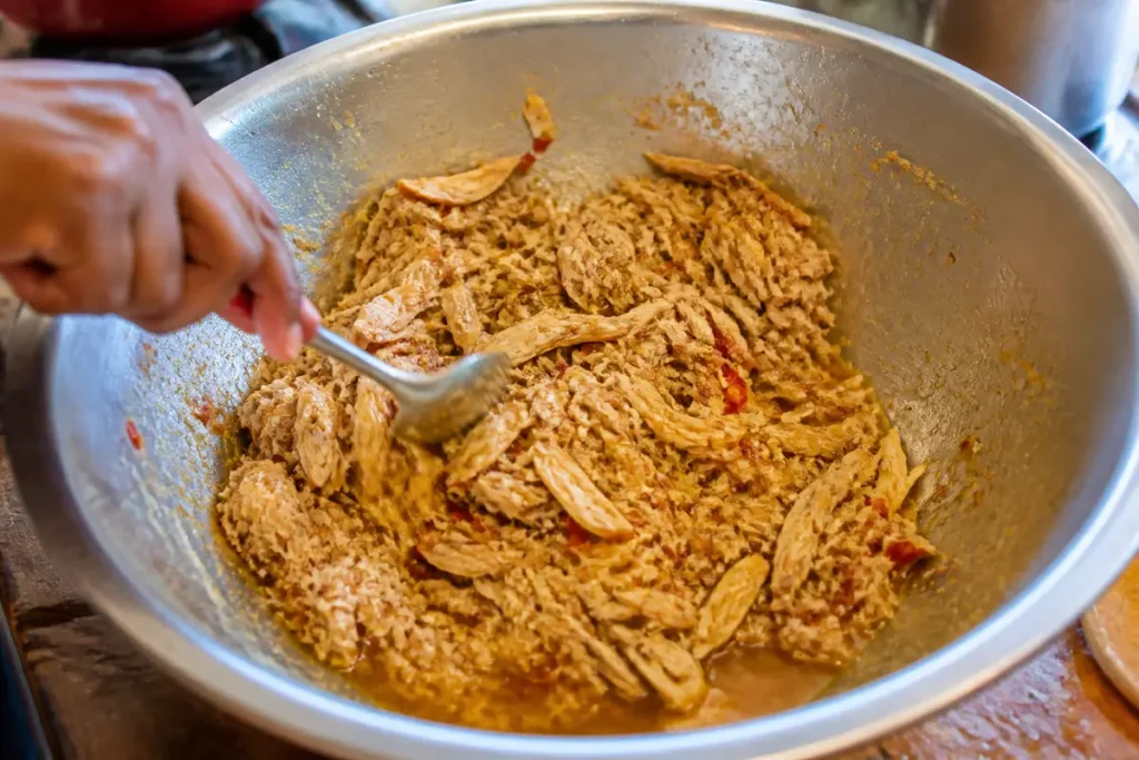 Main mélangeant chiquetaille de poulet effiloché dans un grand bol métallique