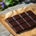 Tablette de chocolat noir à 100% sur papier brun en extérieur, éclairée par le soleil
