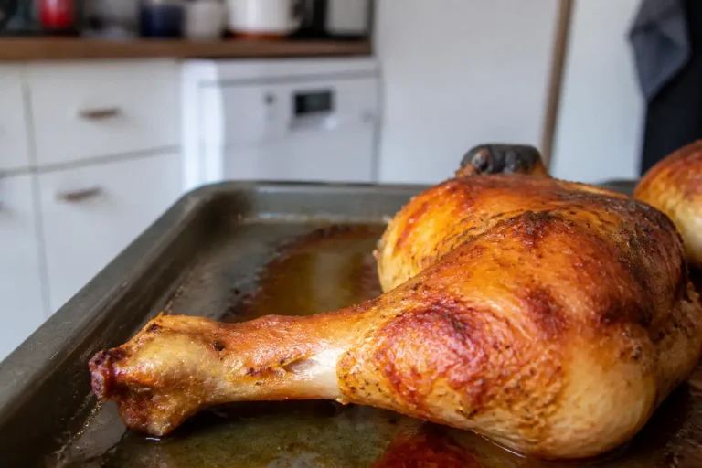 Cuisse de poulet au four dorée sur plaque de cuisson dans une cuisine moderne