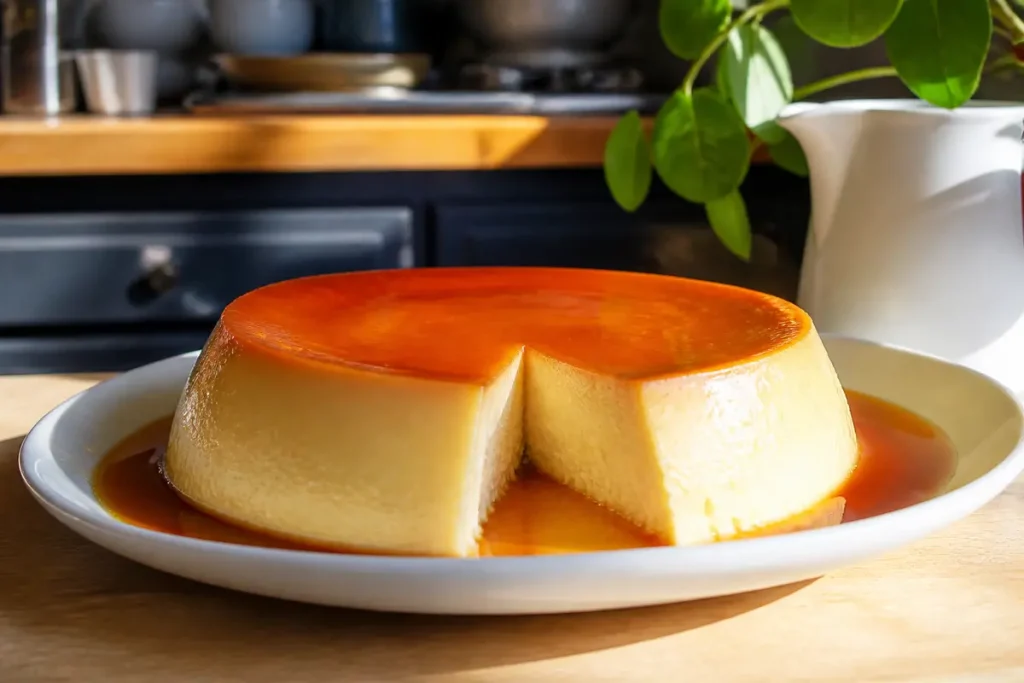 Flan sans sucre avec une tranche manquante sur assiette blanche dans une cuisine lumineuse