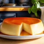 Flan sans sucre avec une tranche manquante sur assiette blanche dans une cuisine lumineuse