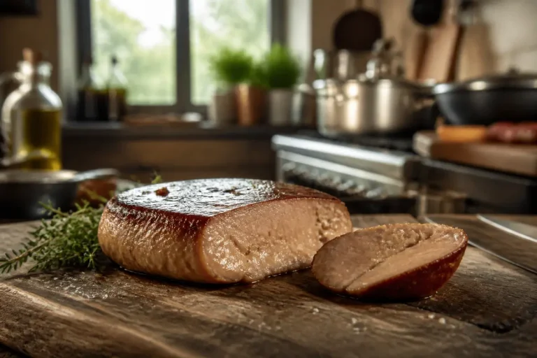 Tranche de foie gras pas assez cuit sur planche en bois dans une cuisine chaleureuse