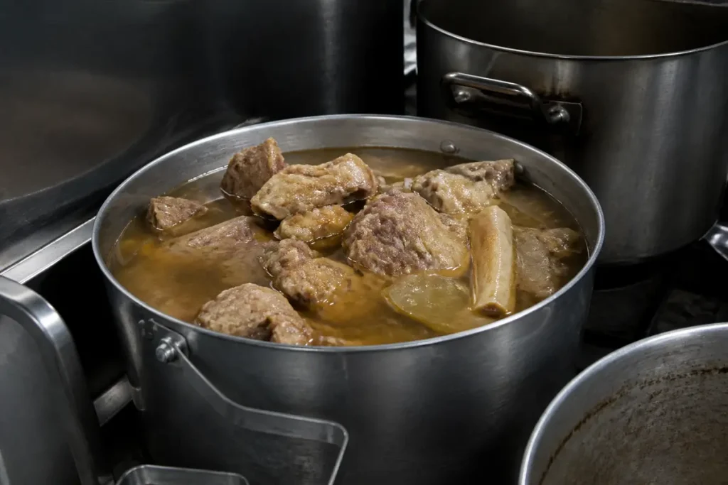 Cuisson de morceaux de viande pour préparation de fond de veau halal en cuisine professionnelle