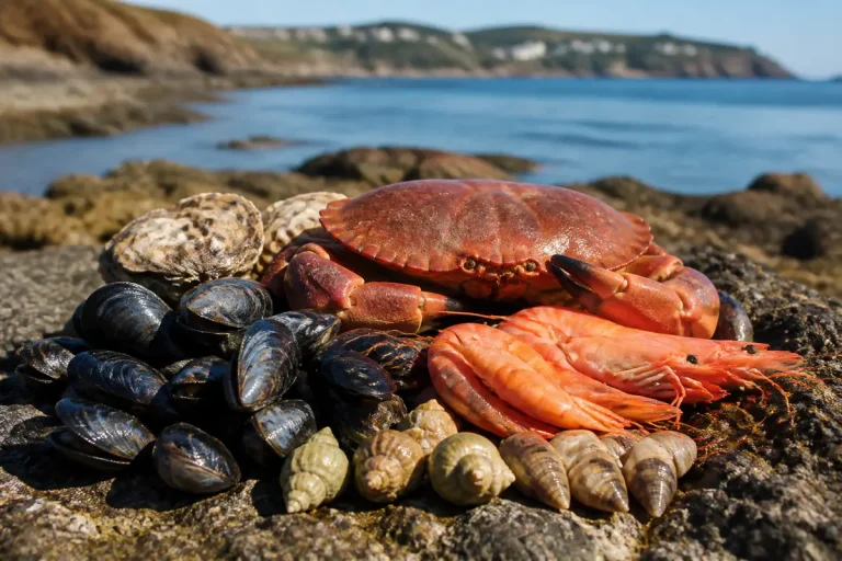 Assortiment de fruits de mer top 7 sur roche en bord de mer avec paysage côtier