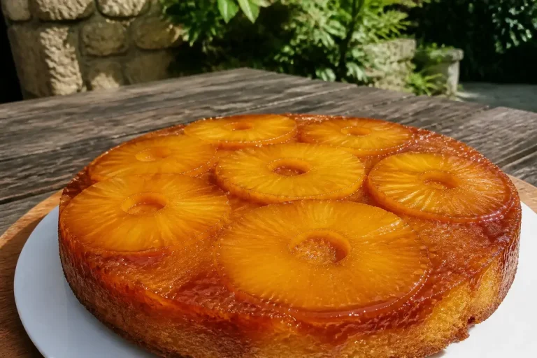 Gâteau aux ananas caramélisés posés sur une table en bois en extérieur