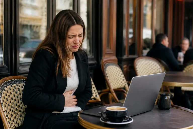 Femme souffrant des symptômes d'intolérance au café sur une terrasse avec ordinateur portable