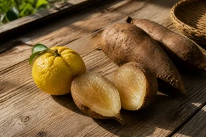 Yuzu et patates douces sur table en bois, exemple de fruit ou légume en y