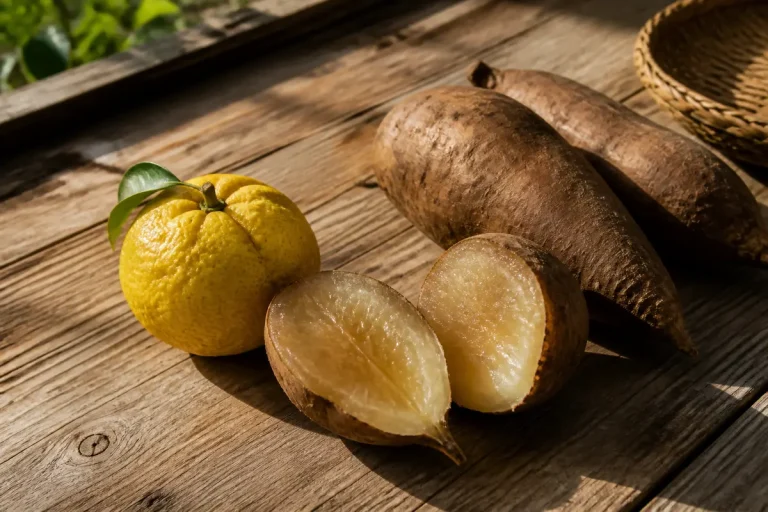 Yuzu et patates douces sur table en bois, exemple de fruit ou légume en y