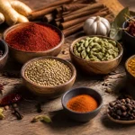 Assortiment de mélanges d'épices en bols incluant gingembre, ail et cannelle