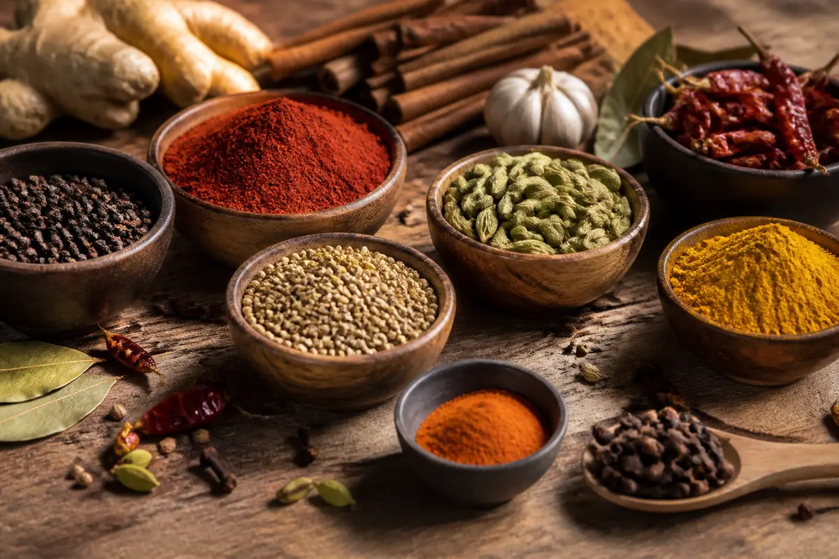 Assortiment de mélanges d'épices en bols incluant gingembre, ail et cannelle