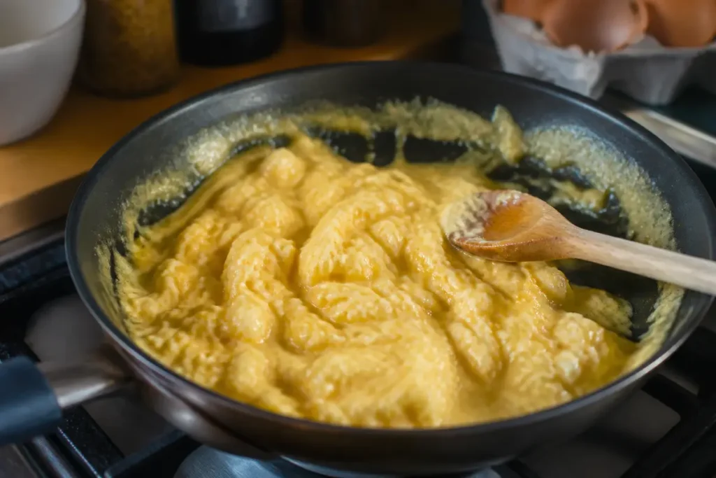 Oeufs brouillés crémeux dans poêle avec cuillère en bois en cuisson calories contrôlées