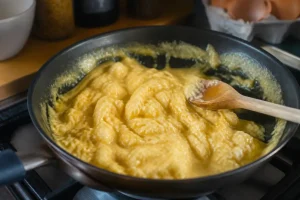 Oeufs brouillés crémeux dans poêle avec cuillère en bois en cuisson calories contrôlées