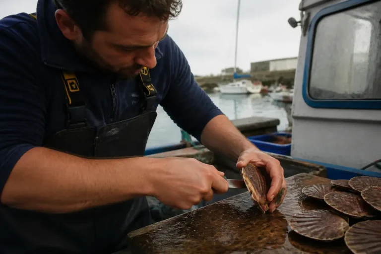 Homme sur un bateau en train d'ouvrir des coquilles Saint-Jacques fraîches