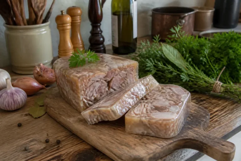 Bloc de pieds de porc en gelée tranché sur une planche en bois