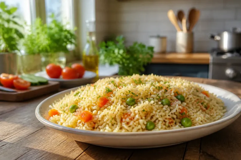 Plat de riz avec légumes variés sur une table en bois près de la fenêtre