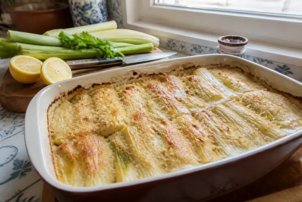 Gratin de cardons au four illustrant une recette de cardon savoureuse avec citrons et céleri