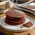 Pile de tuiles au chocolat croquant sur assiette blanche en cuisine moderne artisanale