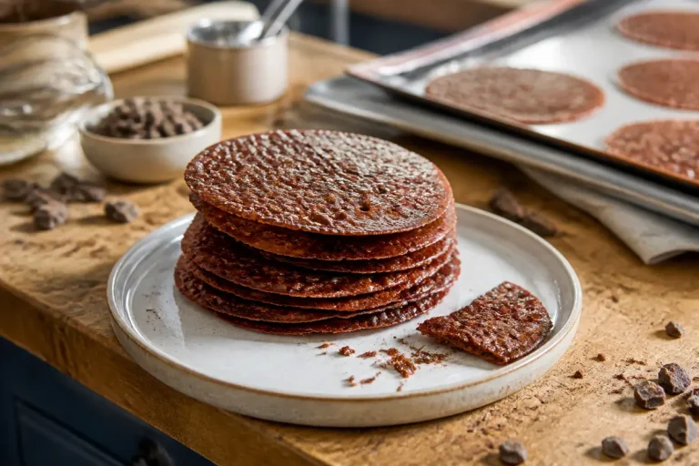 Pile de tuiles au chocolat croquant sur assiette blanche en cuisine moderne artisanale